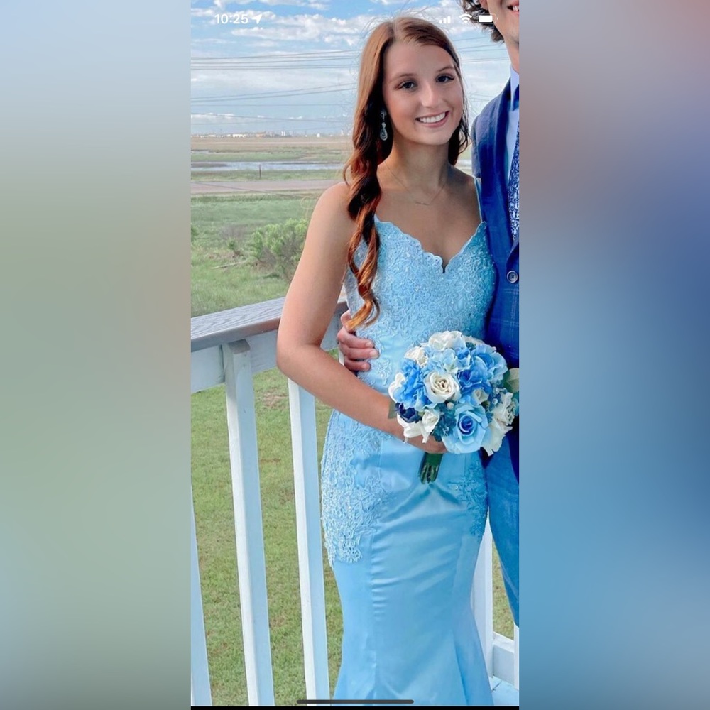 Light blue beaded mermaid prom dress